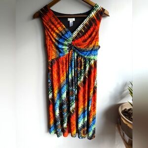 Chico’s Multicolor Sunburst Rainbow Sleeveless Dress Sz 0 Baby Doll Empire Waist